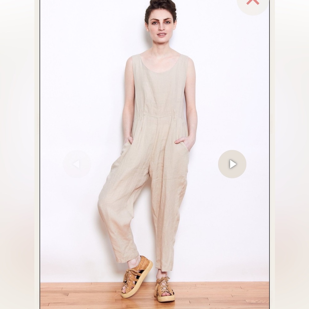 Black Crane 100% Linen Jumpsuit – Size Large (Oatmeal / Tan)